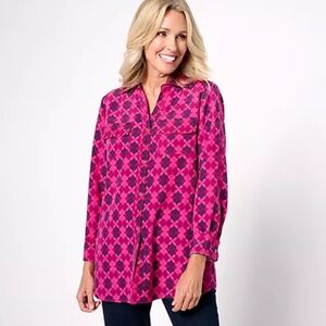 Denim & Co. Signature Roll Tab Sleeve Button Front Utility Tunic Peony Sz Small